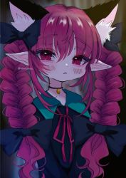Rule 34 | 1girl, absurdres, braid, choker, dark background, dress, extra ears, green dress, highres, kaenbyou rin, parted lips, pointy ears, red eyes, red hair, renakobonb, simple background, solo, touhou, twin braids, twintails, upper body