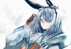Rule 34 | 1girl, absurdres, animal ears, ao oni (onioni-aoi), arknights, arm up, blue eyes, blue hair, blush, bright pupils, brown gloves, closed mouth, commentary request, frostnova (arknights), gloves, grey hair, grey jacket, hair ornament, hair over one eye, hairclip, hand in own hair, highres, jacket, light smile, long hair, long sleeves, looking at viewer, nose blush, one eye covered, partial commentary, portrait, rabbit ears, rabbit girl, scar, scar on face, scar on nose, sketch, solo, turtleneck, white background, white pupils, wide sleeves