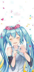 Rule 34 | 1girl, ^ ^, aqua necktie, artist name, blue hair, blush, breasts, character name, closed eyes, detached sleeves, facing viewer, flower wreath, grey shirt, hair between eyes, halftone, halftone background, hands up, hatsune miku, highres, long hair, medium breasts, musical note, necktie, open mouth, quaver, revision, rods, semiquaver, shirt, shoulder tattoo, sidelocks, sleeveless, sleeveless shirt, smile, solo, tattoo, twintails, upper body, very long hair, vocaloid