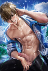 Rule 34 | 10s, 1boy, abs, free!, green eyes, highres, looking at viewer, male focus, muscular, nipples, pectorals, sakimichan, solo, swimsuit, tachibana makoto, testicles, uncensored, undressing, water