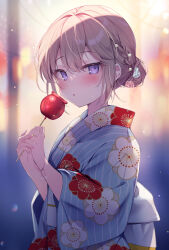 Rule 34 | 1girl, blue kimono, blurry, blurry background, blush, braid, brown hair, candy apple, commentary request, depth of field, ebihara beniko, floral print, food, hair between eyes, hair bun, hands up, highres, holding, holding food, japanese clothes, kimono, long sleeves, looking at viewer, obi, original, parted lips, print kimono, purple eyes, sash, solo, striped clothes, striped kimono, vertical-striped clothes, vertical-striped kimono, wide sleeves, yukata