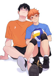 2boys areioshq artist_name ball black_shoe black_shorts black_sneakers blue_shirt haikyuu!! highres hinata_shouyou kageyama_tobio knee_pads multiple_boys orange_shirt shirt shoes shorts sneakers socks volleyball_(object) white_background white_socks yaoi