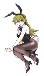 Rule 34 | 1girl, 203wolves, animal ears, black footwear, black hairband, black leotard, black pantyhose, blonde hair, blush, breasts, brown eyes, cleavage, fake animal ears, fake tail, hair between eyes, hairband, high heels, highres, leotard, long hair, looking at viewer, lying, medium breasts, on side, open mouth, pantyhose, playboy bunny, pumps, rabbit ears, rabbit tail, shiny clothes, shiny legwear, signature, solo, straight hair, strapless, strapless leotard, tail, tenjouin asuka, v-shaped eyebrows, white background, wrist cuffs, yu-gi-oh!, yu-gi-oh! gx