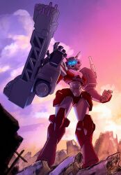 Rule 34 | 1girl, absurdres, autobot, blue eyes, clenched hand, cloud, cosmikaizer, elita one, fusion, glowing, glowing eyes, highres, looking up, mecha, megaempress, no humans, open hand, parody, robot, rubble, scene reference, science fiction, sky, solo, transformers, transformers (skybound)