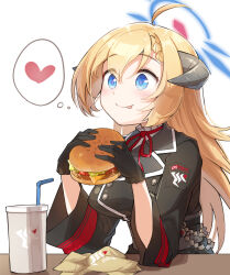 Rule 34 | 1girl, :p, ahoge, akari (blue archive), black gloves, blonde hair, blue archive, blue eyes, braid, breasts, burger, cup, drinking straw, food, frilled gloves, frills, gloves, grey horns, heart, highres, holding, holding food, horns, large breasts, miya kazutomo, neck ribbon, pink pupils, ribbon, sleeves past elbows, solo, symbol-shaped pupils, tongue, tongue out, x-shaped pupils