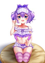 Rule 34 | 1girl, absurdres, azur lane, camisole, eye mask, frilled shorts, frills, full body, green eyes, hair between eyes, highres, javelin (azur lane), javelin (operation: pillow fight!) (azur lane), junkpicture, lavender shorts, looking at viewer, medium hair, official alternate costume, purple hair, ribbon-trimmed shorts, ribbon trim, shorts, simple background, sleep mask, solo, striped clothes, striped thighhighs, thighhighs, white background, white camisole