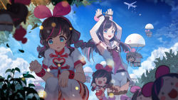 Rule 34 | !, 6+girls, :d, aircraft, airplane, arms up, black bow, black hair, blue eyes, blue sky, blurry, blurry foreground, bow, breasts, chibi, cleavage, cleavage cutout, clothing cutout, cloud, commentary request, day, depth of field, detached sleeves, heart cutout, highres, kizuna ai, kizuna ai (chinese), kizuna ai inc., kotori photobomb, long hair, long sleeves, looking at viewer, medium breasts, mini person, minigirl, multicolored hair, multiple girls, on head, open mouth, outdoors, parachute, pink hair, plant, potted plant, red footwear, red shorts, round teeth, sapling, shirt, shoe soles, short shorts, short sleeves, shorts, sky, sleeves past wrists, small breasts, smile, solid circle eyes, solid oval eyes, squatting, standing, streaked hair, striped, striped bow, sunligh mao, teeth, thighhighs, twintails, upper teeth only, very long hair, virtual youtuber, white legwear, white shirt, white shorts, white sleeves