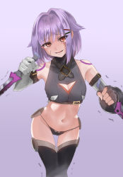 Rule 34 | 1girl, absurdres, arm belt, bandages, bandaged arm, bandages, black panties, blush, brown eyes, cameltoe, commentary request, cosplay, dagger, dual wielding, embarrassed, scar on face, fate/apocrypha, fate (series), gloves, grey background, hair ornament, hairclip, highres, holding, holding knife, idolmaster, idolmaster cinderella girls, jack the ripper (fate/apocrypha), jack the ripper (fate/apocrypha) (cosplay), knife, koshimizu sachiko, legs together, looking at viewer, lowleg, lowleg panties, michikusa (bells michi), navel, open mouth, panties, purple hair, reverse grip, scar, scar across eye, scar on cheek, scar on face, short hair, shoulder tattoo, simple background, single glove, smile, solo, tattoo, tearing up, thigh gap, thighhighs, trembling, underwear, weapon