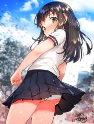 Rule 34 | 1girl, ass, black sailor collar, black skirt, blue sky, blurry, blurry background, blush, brown eyes, brown hair, closed mouth, cloud, cloudy sky, commentary request, dated, day, depth of field, ichihaya, long hair, looking at viewer, looking back, original, outdoors, panties, pleated skirt, sailor collar, school uniform, serafuku, shirt, short sleeves, signature, skirt, sky, solo, tears, tree, underwear, white panties, white shirt