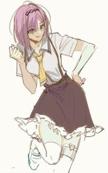 Rule 34 | 1girl, :q, breasts, brown skirt, clenched hand, closed mouth, collared shirt, cowboy shot, g7cdpdto2i6hot6, green eyes, hand up, highres, looking at viewer, medium breasts, necktie, purple hair, shirt, short hair, short sleeves, simple background, skirt, smile, solo, standing, standing on one leg, tanikaze amane, tenshi souzou re-boot!, tongue, tongue out, white background, white shirt, yellow necktie