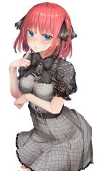Rule 34 | 1girl, absurdres, black bow, black bowtie, black ribbon, blue eyes, blush, bow, bowtie, breasts, dress, go-toubun no hanayome, grey dress, hair ribbon, highres, lace, lace-trimmed dress, lace trim, large breasts, looking at viewer, nakano nino, parted lips, pink hair, plaid, plaid dress, ribbon, short hair, simple background, solo, standing, white background, yuunamida uyu