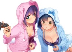 Rule 34 | 2girls, :&lt;, animal hood, arm support, blue bra, blue eyes, blue hair, blue pajamas, blush, bow, bra, breasts, breasts apart, cleavage, closed mouth, collarbone, commentary request, controller, drawstring, game controller, grey background, heart, holding, holding controller, hood, hood up, idolmaster, idolmaster million live!, index finger raised, jacket, kamille (vcx68), kneeling, long sleeves, looking at viewer, medium breasts, mochizuki anna, multiple girls, nanao yuriko, no pants, pajamas, parted lips, partially unzipped, pink background, pink bow, pink bra, pink jacket, pink legwear, pom pom (clothes), purple hair, rabbit hood, seiza, shadow, short hair, side-by-side, simple background, sitting, sleepwear, striped legwear, underwear, undressing, unzipping, yellow eyes, yokozuwari, zipper pull tab