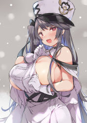 Rule 34 | 1girl, absurdres, azur lane, bare shoulders, black hair, black ribbon, blue hair, blush, breasts, cleavage, coat dress, dress, fang, gloves, hair ribbon, hat, highres, huge breasts, kibii mocha, long hair, looking at viewer, multicolored hair, one side up, open mouth, pamiat merkuria (azur lane), peaked cap, red eyes, ribbon, simple background, solo, very long hair, white dress, white gloves, white hat