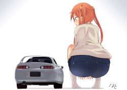 Rule 34 | 1girl, ass, blue eyes, car, denim, feet, from behind, giant, giantess, huge ass, jeans, motor vehicle, noneto, orange hair, original, pants, profile, shorts, signature, simple background, solo, squatting, toyota, toyota supra, twintails, white background