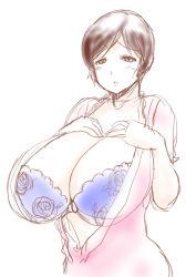 Rule 34 | 1girl, blue bra, bra, breast suppress, breasts, brown eyes, brown hair, cleavage, female focus, huge breasts, kaneda (aqid), mature female, open clothes, short hair, simple background, sketch, solo, standing, super real mahjong, toyohara etsuko, underwear, upper body, white background
