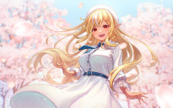 Rule 34 | 1girl, :d, belt, belt buckle, blonde hair, blue necktie, blush, breasts, buckle, cherry blossoms, commentary request, cowboy shot, dark-skinned female, dark skin, day, dress, elf, hair ornament, hairclip, highres, hololive, large breasts, long hair, long sleeves, looking at viewer, multicolored hair, necktie, open mouth, outdoors, pointy ears, red eyes, sakumichi, shiranui flare, smile, solo, spring (season), streaked hair, tree, two-tone hair, very long hair, virtual youtuber, white dress, white hair