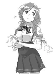 Rule 34 | 1girl, blush, bow, bowtie, braid, breasts, cloud hair ornament, fingers together, greyscale, hair ornament, kantai collection, long hair, makio (makiomeigenbot), medium breasts, minegumo (kancolle), monochrome, shirt, short sleeves, simple background, skirt, smile, solo, suspender skirt, suspenders, twin braids