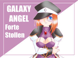 Rule 34 | 00s, 1girl, blue eyes, character name, cleavage cutout, clothing cutout, copyright name, forte stollen, galaxy angel, looking at viewer, monocle, red hair, solo, tagme