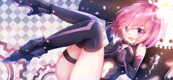 Rule 34 | 1girl, ahoge, argyle, argyle background, argyle clothes, ass, bare shoulders, black footwear, black gloves, black leotard, black thighhighs, blush, boots, breasts, cleavage, clothing cutout, commentary request, elbow gloves, eyes visible through hair, fate/grand order, fate (series), gloves, hair between eyes, high heel boots, high heels, highres, large breasts, leotard, lokyin house, looking at viewer, mash kyrielight, navel, navel cutout, open mouth, pink hair, purple eyes, round teeth, short hair, solo, teeth, thighhighs, thighs, upper teeth only