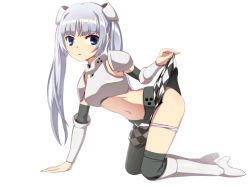 Rule 34 | 10s, 1girl, armor, black thighhighs, blue eyes, blush, boots, breastplate, caryo, checkered clothes, checkered skirt, clothes lift, full body, high heels, knee boots, kneeling, long hair, midriff, miss monochrome, miss monochrome (character), nanashino, navel, panties, panty pull, parted lips, silver hair, simple background, skirt, skirt lift, solo, thighhighs, twintails, underwear, white background, white panties