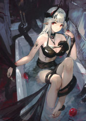 Rule 34 | 1girl, absurdres, arknights, bare shoulders, barefoot, bathtub, bikini, black bikini, blood, breasts, candle, cleavage, closed mouth, collarbone, ear piercing, highres, horns, infection monitor (arknights), jewelry, kioroshin, large breasts, leg up, long hair, looking at viewer, mudrock (arknights), mudrock (silent night) (arknights), necklace, official alternate costume, partially submerged, piercing, pointy ears, red eyes, sarong, silver hair, sitting, solo, swimsuit, tentacles, water