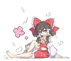 Rule 34 | 1girl, arm support, ascot, barefoot, blush, bow, brown eyes, brown hair, collar, collared shirt, crossed bangs, detached sleeves, frilled bow, frilled hair tubes, frilled shirt, frilled shorts, frills, from side, full body, green ascot, hair tubes, hakurei reimu, hand on floor, highres, knee up, large bow, long sleeves, looking at viewer, looking to the side, medium hair, midriff peek, on floor, open mouth, paper, primsla, red bow, red shorts, shirt, shorts, sidelocks, simple background, sitting, sleeveless, sleeveless shirt, solo, split mouth, touhou, white background, white collar, white shirt, white sleeves, wide sleeves