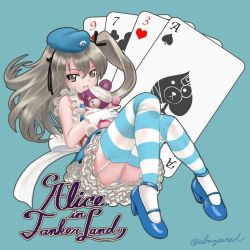 Rule 34 | 10s, 1girl, abazu-red, alice (alice in wonderland), alice in wonderland, blue footwear, boko (girls und panzer), card, cosplay, frilled skirt, frills, garter straps, girls und panzer, gloves, hat, high heels, highres, lolita fashion, long hair, looking at viewer, mary janes, military hat, nose art, panties, petticoat, playing card, poker, shimada arisu, shoes, skirt, solo, striped clothes, striped panties, striped thighhighs, thighhighs, twitter username, underwear