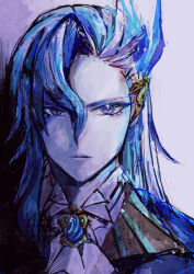 Rule 34 | 1boy, ascot, blue eyes, blue gemstone, blue hair, blue jacket, brooch, closed mouth, forehead, gem, genshin impact, grey background, hair between eyes, hair ornament, hairclip, jacket, jewelry, long hair, looking at viewer, male focus, neuvillette (genshin impact), otonoha aika, pale skin, portrait, purple eyes, sidelocks, simple background, solo, straight-on, white ascot