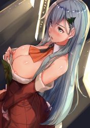 Rule 34 | 10s, 1girl, akasaai, aqua eyes, aqua hair, ascot, bare shoulders, blush, breasts, christmas, christmas tree hair ornament, collarbone, detached collar, detached sleeves, dress, hair ornament, highres, kantai collection, large breasts, long hair, nipple slip, nipples, no bra, nose blush, open mouth, pulling, red dress, solo, suzuya (kancolle)