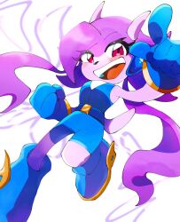 Rule 34 | 1girl, belt, boots, breasts, dragon girl, dragon horns, dragon tail, eyelashes, freedom planet, furry, galaxytrail, gloves, headgear, highres, horns, kayama yosi (yosiyosi), looking at viewer, open mouth, pink eyes, pointing, pointing at viewer, purple hair, sash lilac, smile, tail, twintails, unitard, white background