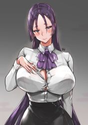 Rule 34 | 1girl, alracoco, ascot, black skirt, blush, bra visible through clothes, breasts, bursting breasts, cleavage, closed mouth, collared shirt, dress shirt, fate/grand order, fate (series), gradient background, grey background, large breasts, long hair, long sleeves, looking at viewer, meme attire, minamoto no raikou (fate), parted bangs, purple ascot, purple eyes, purple hair, see-through, shirt, skirt, smile, solo, very long hair, white shirt