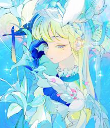 Rule 34 | 1girl, bird, bird wings, blonde hair, blue background, blue eyes, blue flower, blue theme, cirrika, closed mouth, ear piercing, earrings, eyelashes, eyeshadow, falling petals, feathered wings, flower, hair ornament, heterochromia, highres, jewelry, lace, lily (flower), looking at viewer, makeup, mole, mole under eye, nail, original, petals, piercing, pink petals, sparkle, square, star (symbol), tears, wings, yellow eyes, yellow eyeshadow
