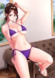 Rule 34 | 1girl, arm up, artist name, bad id, bad pixiv id, bare arms, bare legs, bare shoulders, bikini, breasts, brown eyes, brown hair, closed mouth, collarbone, commentary request, couch, hand in own hair, high heels, highres, indoors, large breasts, long hair, looking at viewer, navel, original, purple bikini, shiny skin, side-tie bikini bottom, sitting, solo, stomach, swimsuit, table, thighs, white footwear, window, yuckey