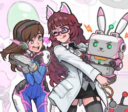 Rule 34 | 2girls, ;p, animal ears, aqua nails, armor, bad deviantart id, bad id, black legwear, black neckwear, black skirt, blue eyes, blunt bangs, blush, bodysuit, borrowed character, breasts, brown hair, cat ears, coat, collared shirt, commentary, commission, cowboy shot, d.va (overwatch), english commentary, facepaint, facial mark, fake animal ears, frilled legwear, garter straps, gatling gun, glasses, gloves, hands up, headphones, heart, holding, id card, lab coat, licking lips, long hair, long sleeves, looking at another, mecha, meka (overwatch), miniskirt, multiple girls, nail polish, necktie, one eye closed, open mouth, original, outline, overwatch, overwatch 1, own hands together, pencil skirt, pilot suit, rabbit ears, ribbed bodysuit, robot, rowen montera, shirt, shoulder armor, skin tight, skindentation, skirt, smile, star (symbol), star in eye, swept bangs, symbol in eye, teeth, thick eyebrows, thighhighs, tongue, tongue out, upper teeth only, very long hair, whisker markings, white coat, white gloves, white outline