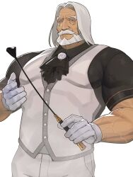 Rule 34 | 1boy, ascot, bara, beard, blue eyes, brooch, cape, dark-skinned male, dark skin, facial hair, gloves, highres, holding, holding whip, jewelry, jp (street fighter), large pectorals, long hair, looking at viewer, male focus, mature male, muscular, muscular male, mustache, old, old man, pants, pectorals, print shirt, riding crop, sa1k0p, shirt, solo, street fighter, street fighter 6, thick eyebrows, thick mustache, veins, vest, white background, white gloves, white hair, white pants, white vest