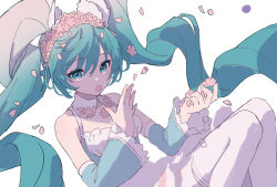 Rule 34 | 1girl, aqua eyes, aqua hair, aqua sleeves, cherry blossoms, collar, commentary request, detached collar, detached sleeves, dress, falling petals, feet out of frame, floating, gradient hair, hatsune miku, head wreath, highres, holding, holding petal, long hair, looking at viewer, multicolored hair, petal on face, petals, shirane rine, simple background, solo, thighhighs, twintails, very long hair, vocaloid, white background, white collar, white hair, white thighhighs