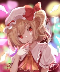 Rule 34 | 1girl, absurdres, ascot, blonde hair, blurry, blurry background, bow, closed mouth, commentary, crystal, fang, fang out, finger to mouth, fingernails, flandre scarlet, frilled shirt collar, frills, glowing, gumi (fwjn7284), hair between eyes, hat, hat bow, hat ribbon, head tilt, highres, looking at viewer, mob cap, multicolored background, nail polish, puffy short sleeves, puffy sleeves, red eyes, red nails, red ribbon, red vest, ribbon, sharp fingernails, short hair, short sleeves, smile, solo, touhou, upper body, vest, wings, yellow ascot