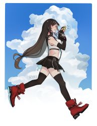 Rule 34 | 1girl, absurdres, bare shoulders, bike shorts, bike shorts under skirt, black gloves, black hair, black skirt, black thighhighs, blue sky, blush, boots, breasts, brown hair, closed mouth, cloud, cloudy sky, commentary, crop top, elbow gloves, english commentary, final fantasy, final fantasy vii, final fantasy vii remake, fingerless gloves, from side, full body, gloves, hands up, highres, holding, large breasts, lips, long hair, looking at viewer, low-tied long hair, red eyes, red footwear, rikikitty, skirt, sky, solo, suspender skirt, suspenders, tank top, thighhighs, tifa lockhart, undershirt, walking, white tank top