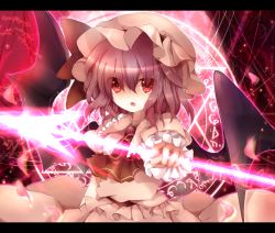 Rule 34 | 1girl, bad id, bad pixiv id, bat wings, blue hair, dress, female focus, gradient background, hat, letterboxed, magic circle, maho moco, open mouth, petals, red eyes, remilia scarlet, ribbon, solo, spear the gungnir, touhou, wings