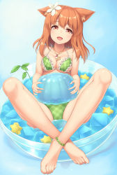 Rule 34 | 1girl, :d, animal ear fluff, animal ears, anklet, bare shoulders, barefoot, bikini, blue background, blush, bow, bow bikini, breasts, brown eyes, brown hair, cleavage, clover, collarbone, commentary request, crossed ankles, feet, flower, food, frilled bikini, frills, full body, gelatin, green bikini, hair flower, hair ornament, head tilt, holding, holding food, in bowl, in container, in food, jewelry, long hair, looking at viewer, necklace, open mouth, original, pendant, plaid, plaid bikini, sasaame, sitting, smile, solo, star (symbol), star necklace, swimsuit, toes
