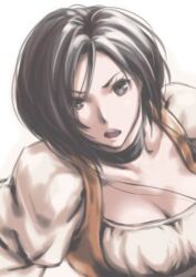 Rule 34 | 1girl, black hair, breasts, brown eyes, choker, cleavage, final fantasy, final fantasy ix, garnet til alexandros xvii, gloves, jewelry, looking at viewer, lowres, medium breasts, necklace, open mouth, puffy sleeves, short hair, simple background, solo, white background, yokutsuki noa