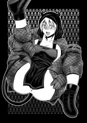 Rule 34 | 1girl, ankle boots, anus, apron, ass, back, blush, boots, breasts, censored, chiba toshirou, convenient censoring, demon tail, dorohedoro, folded, greyscale, hood, horns, large breasts, leg lift, long hair, lying, monochrome, nikaidou (dorohedoro), no bra, no panties, sideboob, smile, solo, spread legs, tail