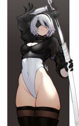 Rule 34 | 1girl, 2b (nier:automata), arm up, black blindfold, black dress, black hairband, blindfold, boots, breasts, brown background, cleavage cutout, closed mouth, clothing cutout, commentary, covered eyes, covered navel, distr, dress, feather-trimmed sleeves, hairband, heattech leotard, highres, holding, holding sheath, holding sword, holding weapon, juliet sleeves, katana, leotard, long sleeves, medium breasts, mole, mole under mouth, nier:automata, nier (series), puffy sleeves, sheath, short hair, signature, simple background, skindentation, solo, sword, thigh boots, thighhighs, thighhighs under boots, turtleneck, unsheathing, virtuous contract, weapon, white background, white hair, white leotard