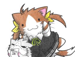 Rule 34 | 10s, 1boy, 1girl, :3, admiral (kancolle), animal ears, animalization, cat, cat ears, cat tail, colored pencil (medium), commentary request, dainamitee, green ribbon, hair ribbon, jumping, kagerou (kancolle), kantai collection, mouse (animal), no humans, non-human admiral (kancolle), o o, pleated skirt, ribbon, school uniform, serafuku, shirt, simple background, skirt, tail, traditional media, uniform, vest, white background