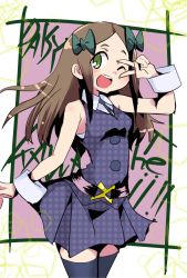 Rule 34 | 1girl, blush, bow, breasts, brown hair, character name, daisy (little witch academia), green bow, green eyes, hair bow, hand up, hys-d, little witch academia, long hair, looking at viewer, one eye closed, open mouth, sleeveless, smile, solo, thighhighs, v, zettai ryouiki