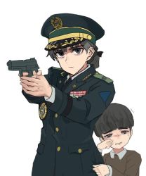 Rule 34 | 1boy, 1girl, aiming, bad id, bad twitter id, badge, black eyes, black hair, black necktie, bowl cut, brown shirt, child, closed mouth, crying, crying with eyes open, gun, handgun, hat, highres, holding, holding gun, holding weapon, looking at viewer, military, military hat, military uniform, necktie, open mouth, original, pistol, polo shirt, protecting, shirt, simple background, tears, teeth, uniform, wani (perfect han), weapon, white background, white shirt