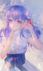 Rule 34 | 1girl, absurdres, closed mouth, dress, earrings, fate/stay night, fate (series), finger to mouth, floating hair, flower, hair between eyes, hair flower, hair ornament, hair ribbon, highres, jewelry, level02, long hair, looking at viewer, matou sakura, purple eyes, purple hair, red ribbon, ribbon, shushing, sleeveless, sleeveless dress, smile, solo, standing, star (symbol), star earrings, white dress, white flower