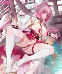 Rule 34 | 1girl, artist name, blush, breasts, cherry blossom print, commentary, elysia (honkai impact), feet, floral print, hair flowing over, hair intakes, heart pasties, highres, honkai (series), honkai impact 3rd, large breasts, legs, long hair, looking at viewer, navel, ninai, no shoes, open mouth, pasties, pink hair, purple eyes, smile, soles, solo, symbol-only commentary, thighhighs, thighs, toenails, toes, very long hair, white thighhighs