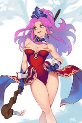Rule 34 | 1girl, angela (seiken densetsu 3), bad id, bad twitter id, bare shoulders, breasts, cameltoe, cleavage, cowboy shot, earrings, female focus, gloves, gold trim, green eyes, hair intakes, hand on own hip, jewelry, large breasts, leotard, long hair, optionaltypo, pointy ears, ponytail, purple hair, red leotard, seiken densetsu, seiken densetsu 3, signature, simple background, smile, solo, staff, thighs, wide hips