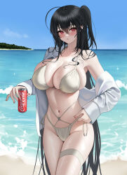 Rule 34 | 1girl, absurdres, ahoge, azur lane, beach, bikini, black hair, blush, breasts, can, closed mouth, coca-cola, collarbone, crossed bangs, day, drink can, fujioni, hair between eyes, highres, holding, holding can, horizon, huge breasts, long hair, long sleeves, looking at viewer, navel, ocean, official alternate costume, one side up, outdoors, red eyes, shirt, side-tie bikini bottom, single bare shoulder, skindentation, soda can, solo, standing, swimsuit, taihou (azur lane), taihou (seaside daydreams) (azur lane), thigh strap, thighs, very long hair, water, wet, wet clothes, wet swimsuit, white bikini, white shirt